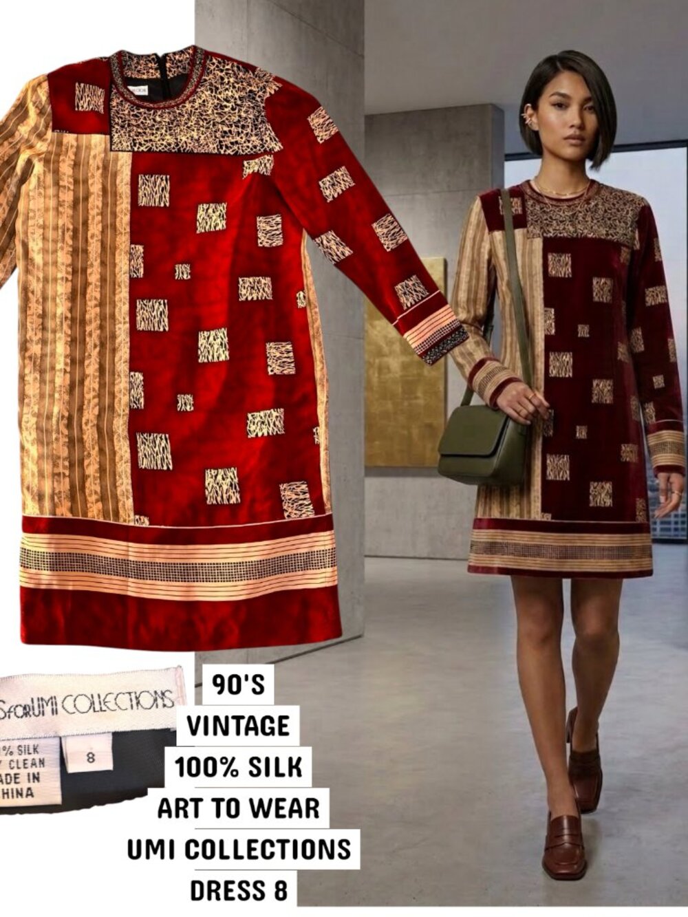 Vintage 90s Anne Crimmins Umi Collections Silk Velvet‎ Patchwork Dress 8 EUC